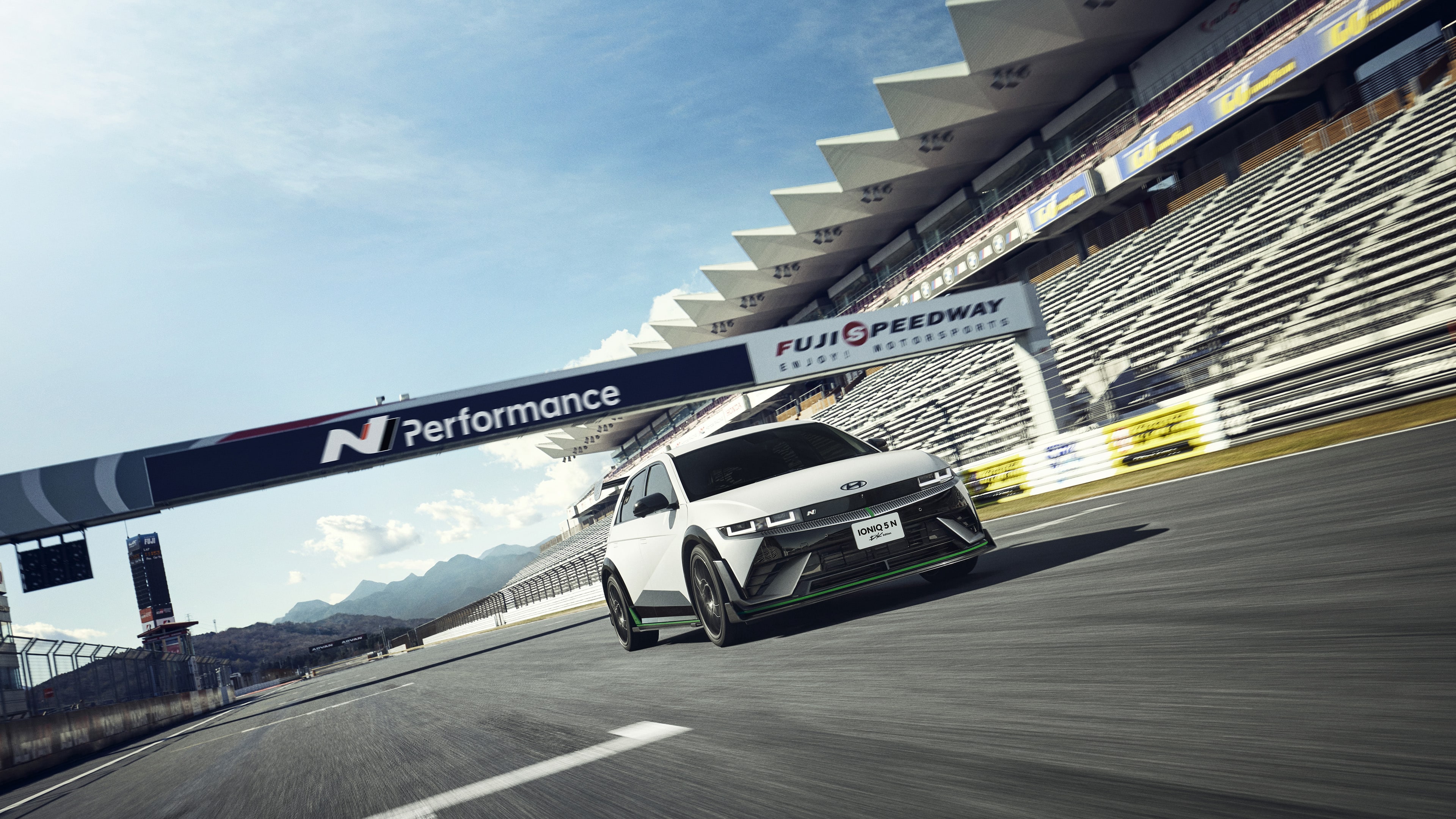 Front view of the IONIQ 5 N DK Edition Limited Package vehicle running on the track