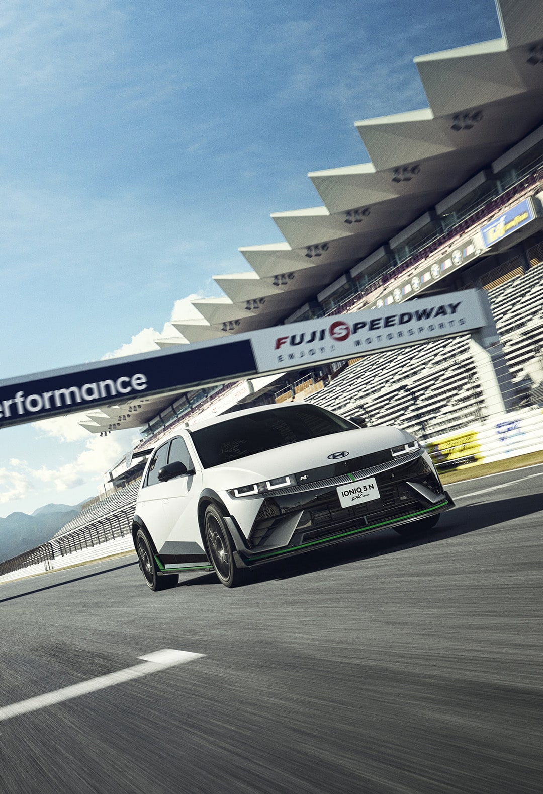 Front view of the IONIQ 5 N DK Edition Limited Package vehicle running on the track