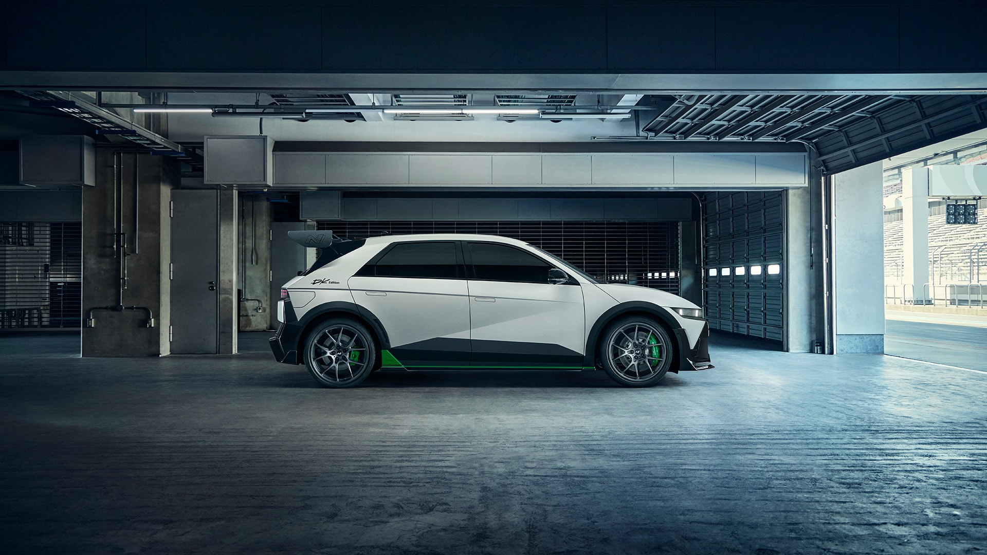 Right side view of the IONIQ 5 N DK Edition Limited Package vehicle in the pit